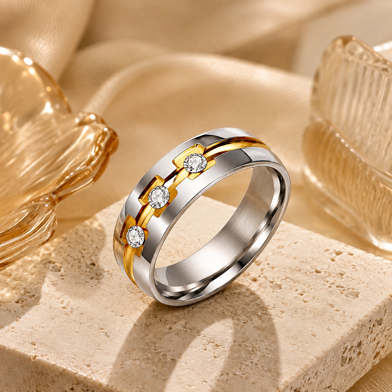 Multi Zircon Titanium Steel Ring | 18K Real Gold PVD Plated– For Women | Includes: Ring