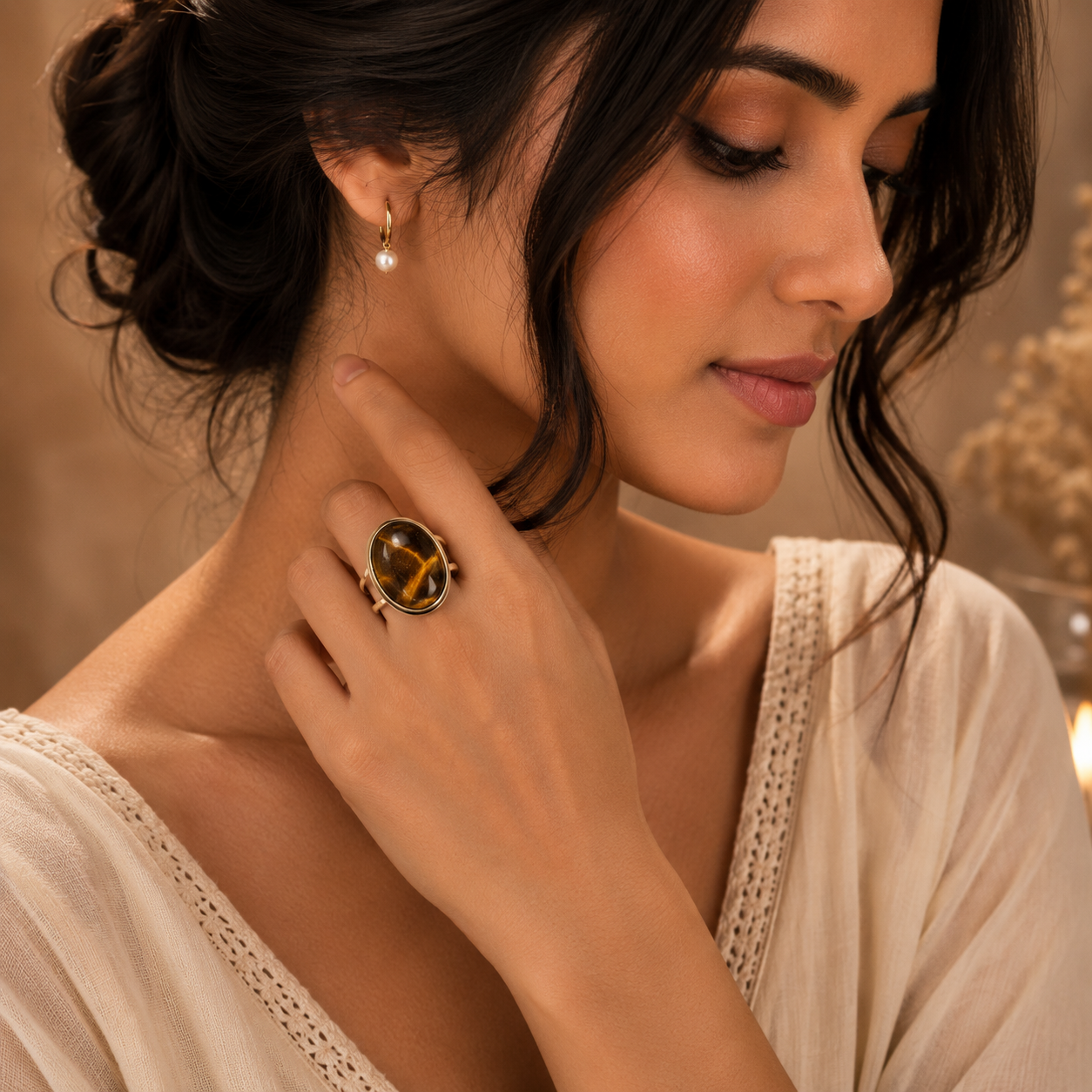 Real Tiger Eye Oval Stone Ring | Fadeproof STEEL– For Women | Includes: Ring
