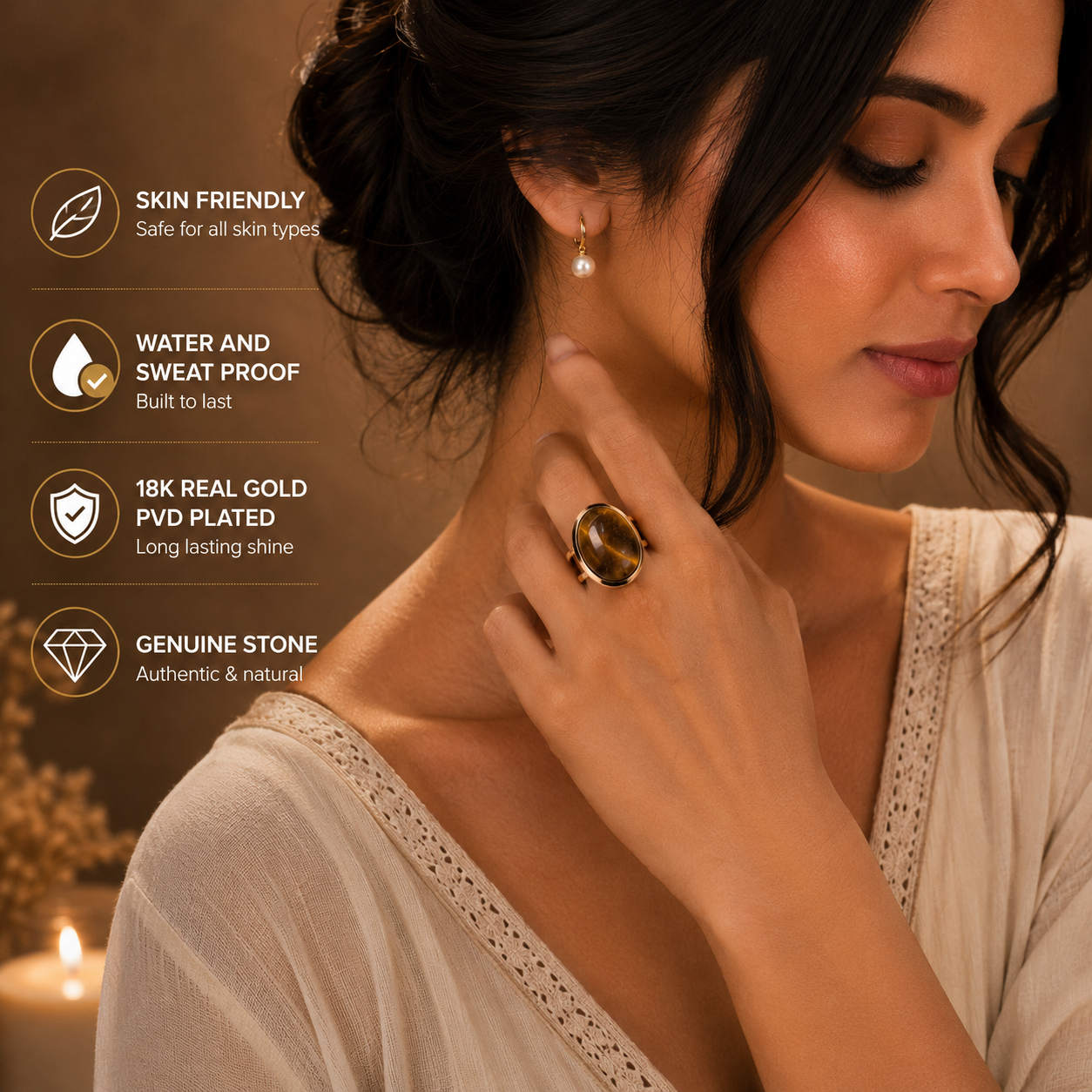 Real Tiger Eye Oval Stone Ring | Fadeproof STEEL– For Women | Includes: Ring