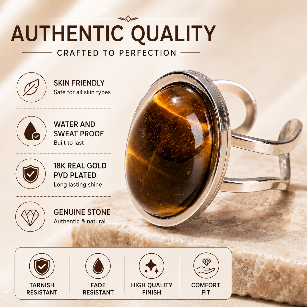 Real Tiger Eye Oval Stone Ring | Fadeproof STEEL– For Women | Includes: Ring