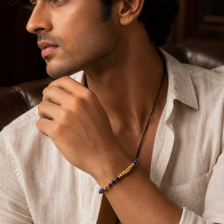 Ultra Rich Lapis Lazuli Stone Flexi Bracelet | 18K PVD Gold Plated- For Men | Includes: Bracelet