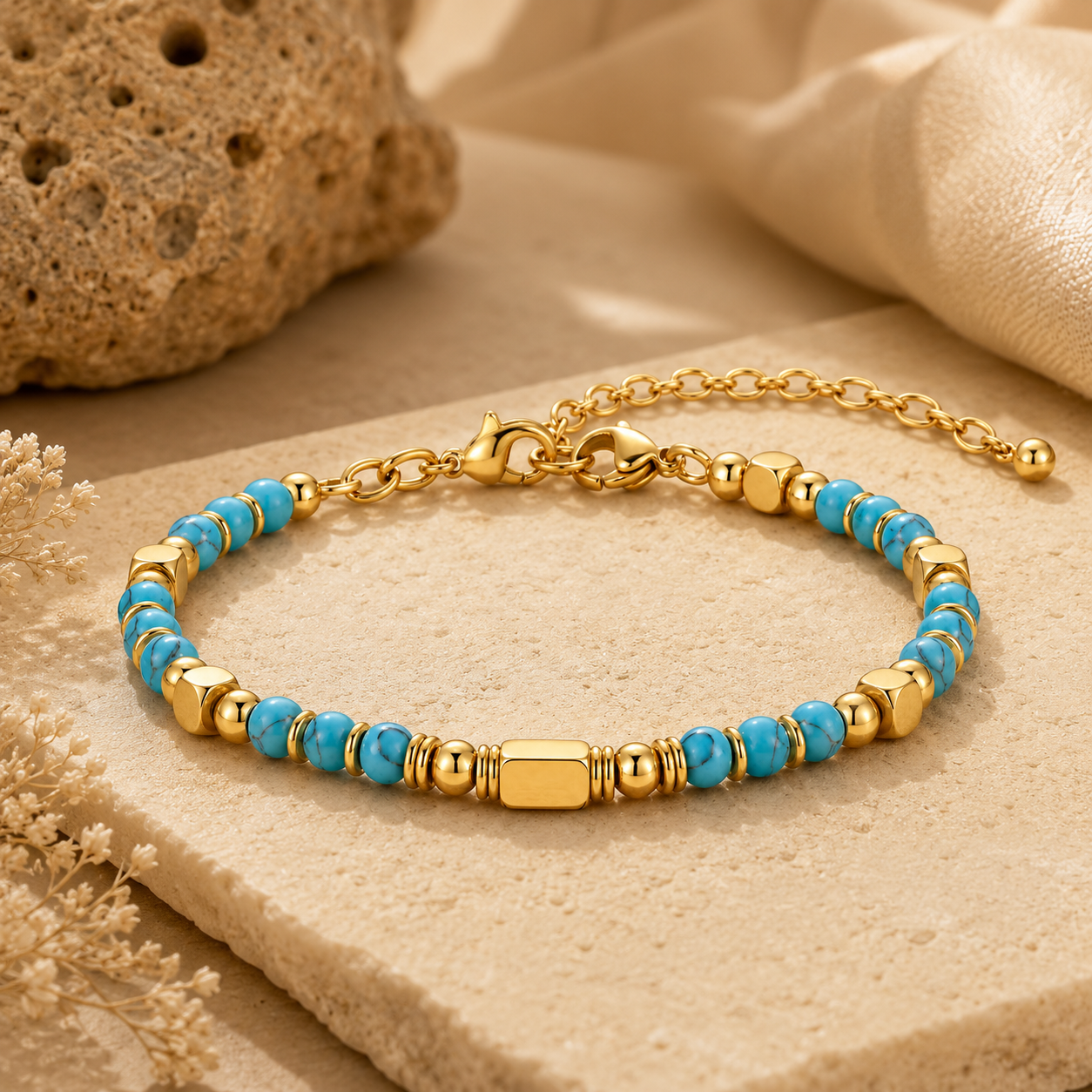 Ultra Rich Turquoise Stone Flexi Bracelet | 18K PVD Gold Plated- For Men | Includes: Bracelet