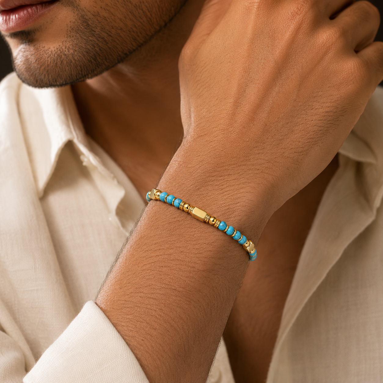 Ultra Rich Turquoise Stone Flexi Bracelet | 18K PVD Gold Plated- For Men | Includes: Bracelet