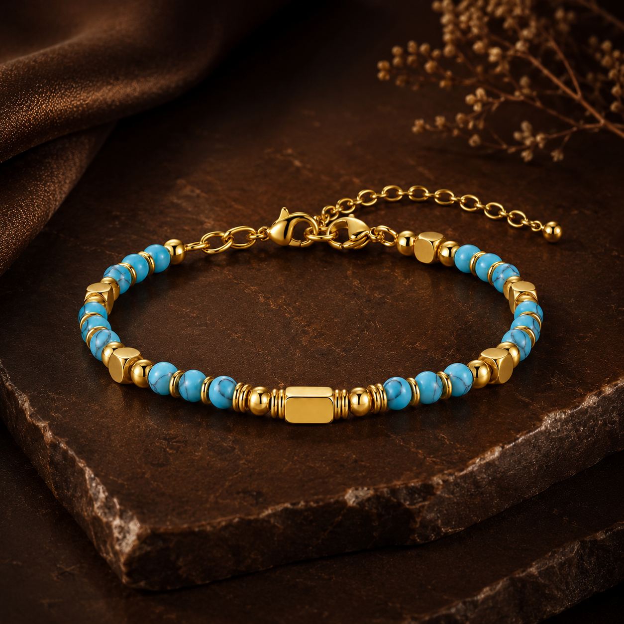 Ultra Rich Turquoise Stone Flexi Bracelet | 18K PVD Gold Plated- For Men | Includes: Bracelet