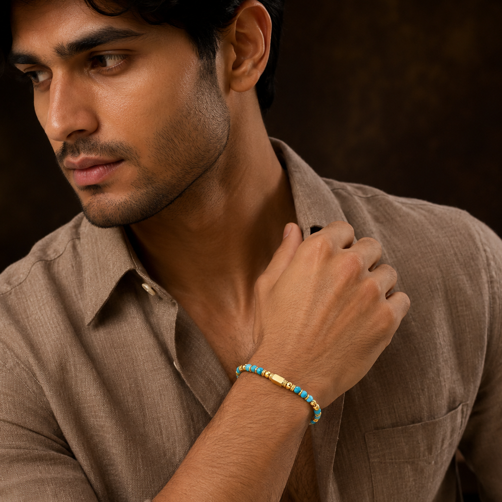 Ultra Rich Turquoise Stone Flexi Bracelet | 18K PVD Gold Plated- For Men | Includes: Bracelet