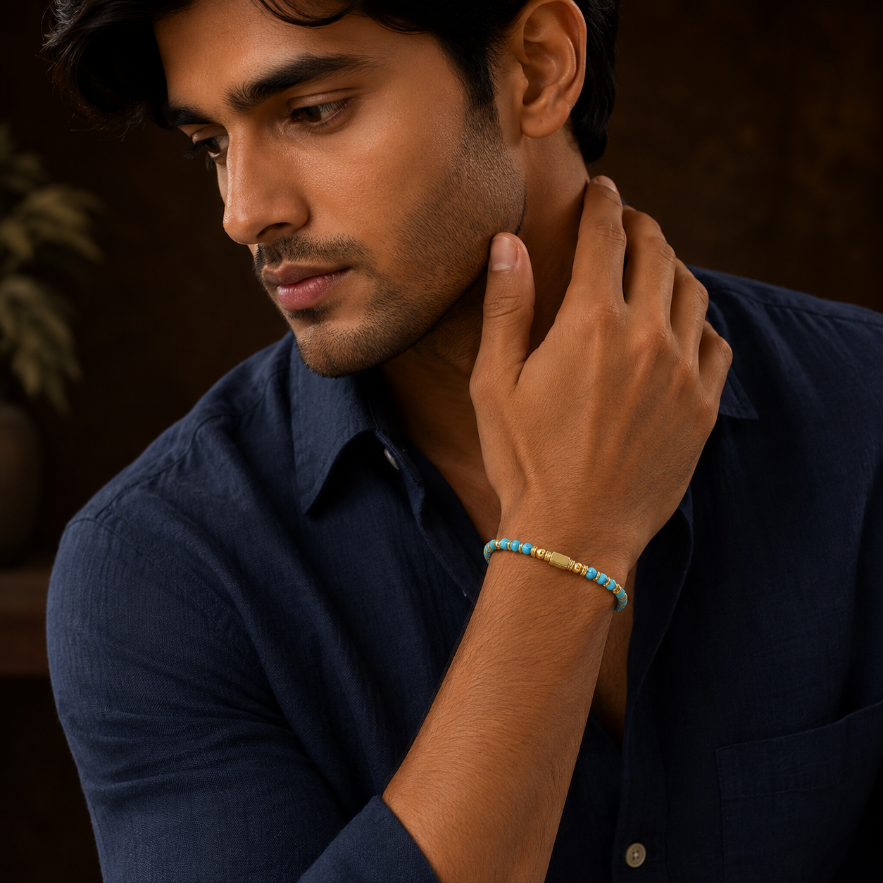 Ultra Rich Turquoise Stone Flexi Bracelet | 18K PVD Gold Plated- For Men | Includes: Bracelet