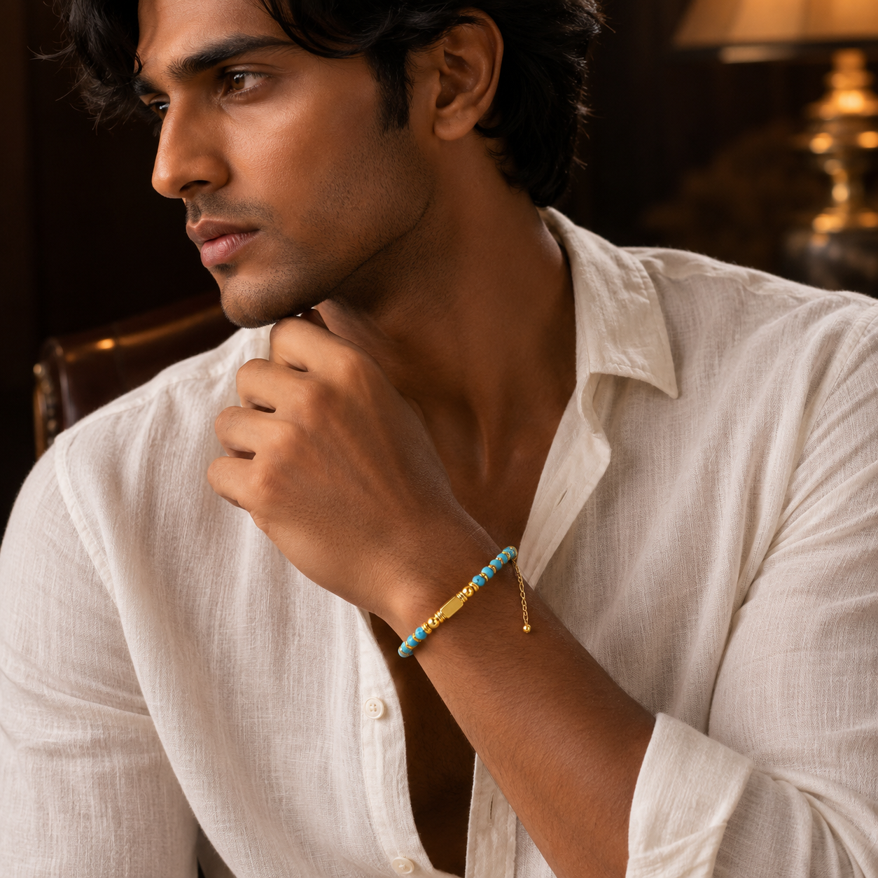 Ultra Rich Turquoise Stone Flexi Bracelet | 18K PVD Gold Plated- For Men | Includes: Bracelet