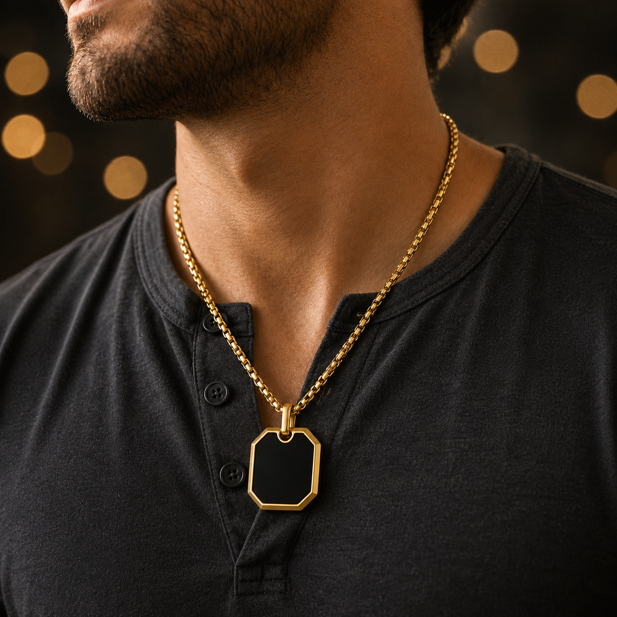 Ultra Posh Black Hexa Pendant Golden Necklace | 18K PVD REAL Gold Plated- For Men| Includes: Necklace