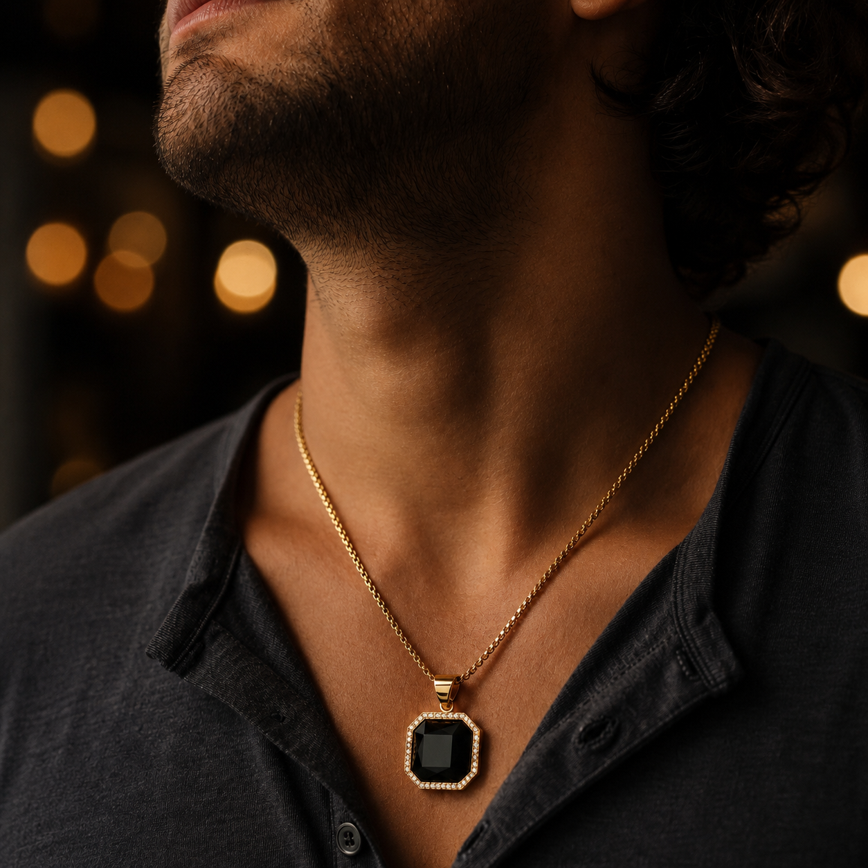 Ultra BOLD Posh BLACK Zircon Golden Necklace | 18K PVD REAL Gold Plated- For Men| Includes: Necklace