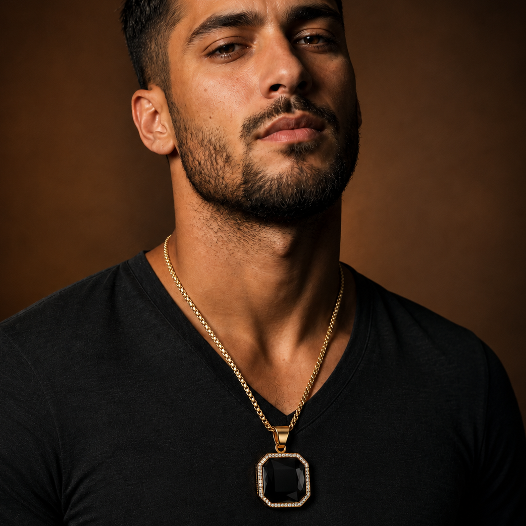 Ultra BOLD Posh BLACK Zircon Golden Necklace | 18K PVD REAL Gold Plated- For Men| Includes: Necklace