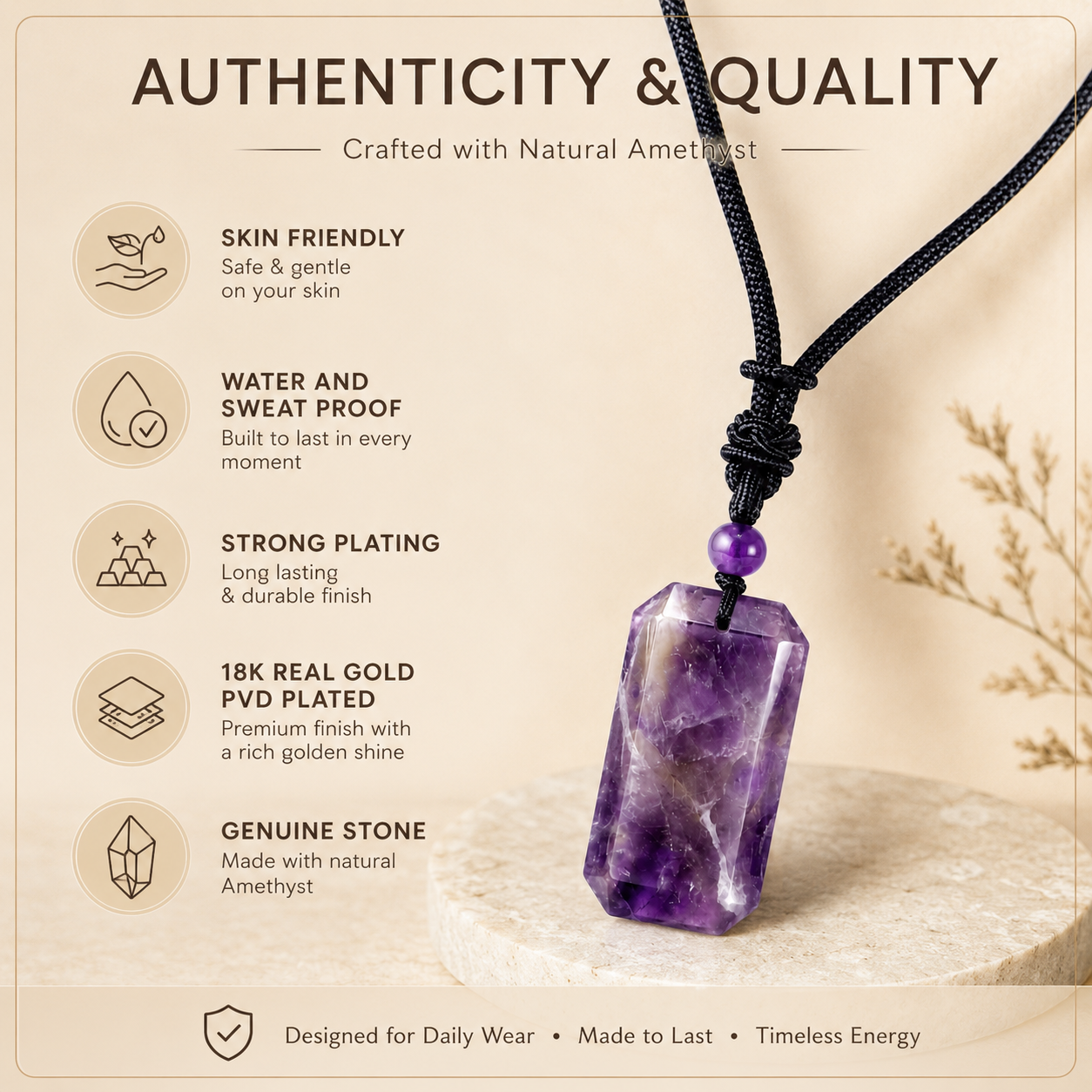 BOLD GenZ Real Amethyst Stone Necklace | Natural Stone- For Men| Includes: Necklace
