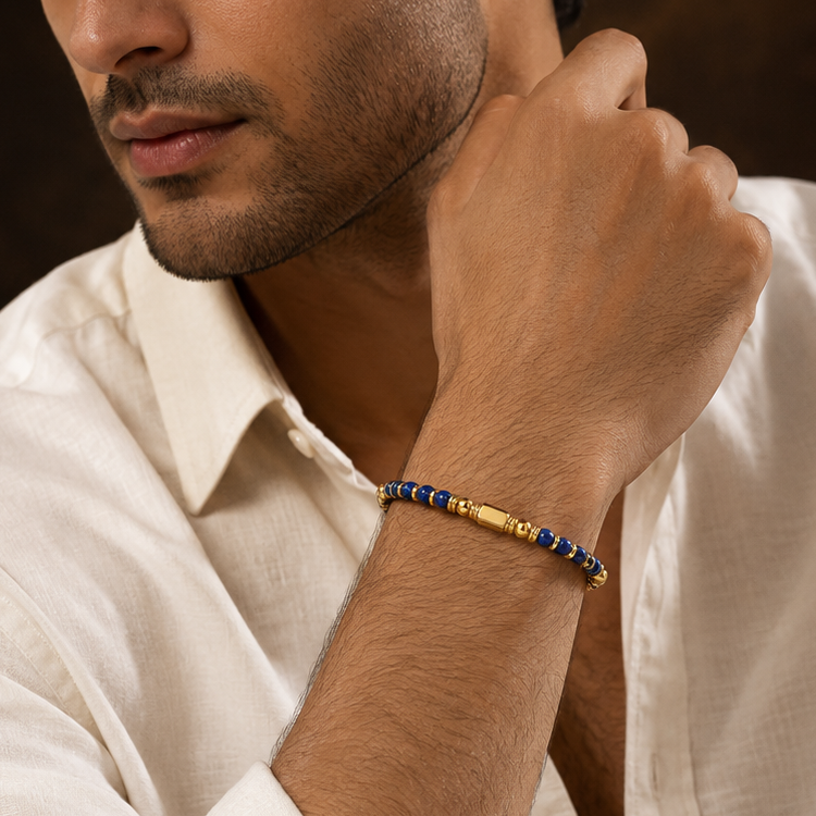 Ultra Rich Lapis Lazuli Stone Flexi Bracelet | 18K PVD Gold Plated- For Men | Includes: Bracelet