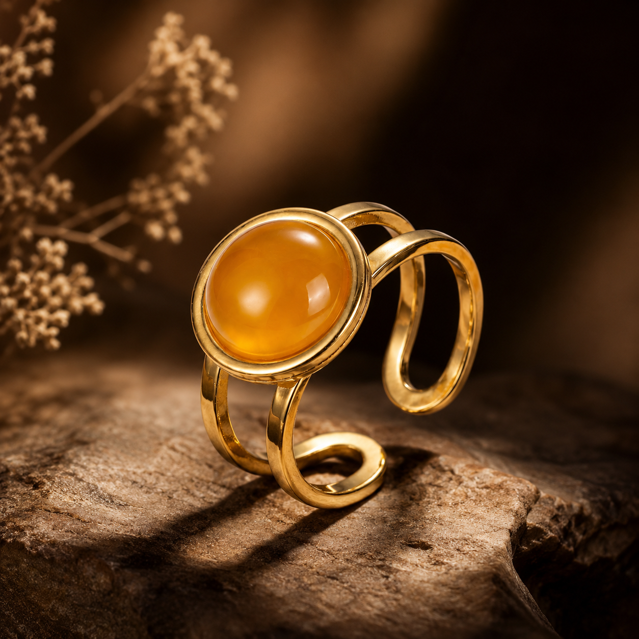 Yellow Quartz Real Stone Flexi Size Golden Ring | 18K Real Gold PVD Plated– For Women | Includes: Ring
