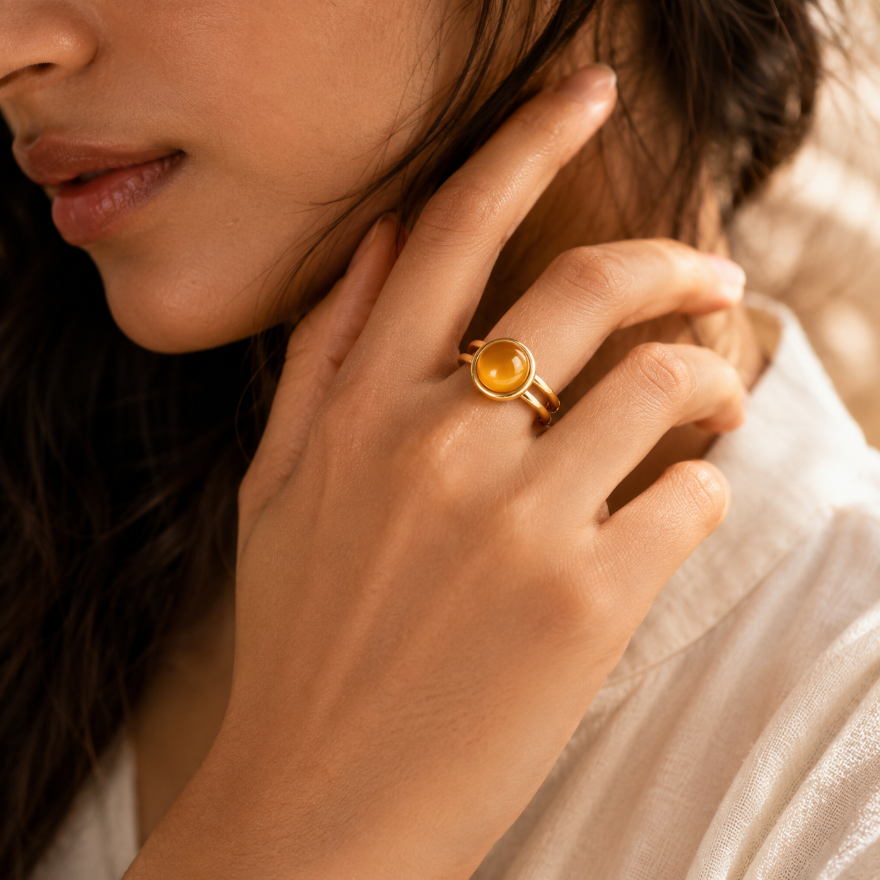 Yellow Quartz Real Stone Flexi Size Golden Ring | 18K Real Gold PVD Plated– For Women | Includes: Ring