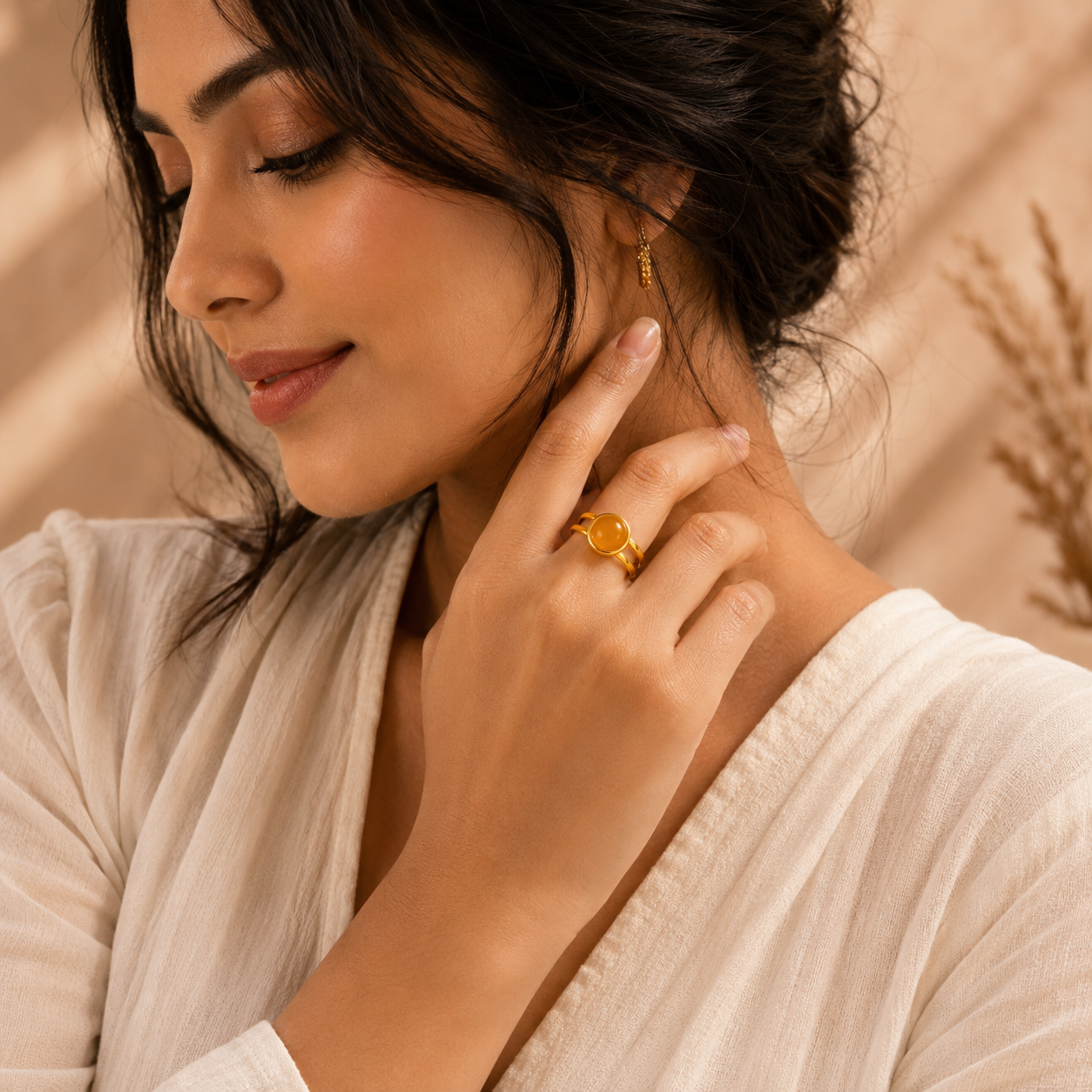 Yellow Quartz Real Stone Flexi Size Golden Ring | 18K Real Gold PVD Plated– For Women | Includes: Ring