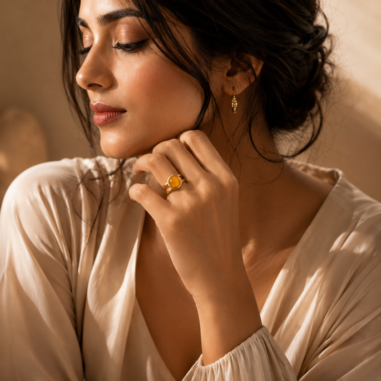 Yellow Quartz Real Stone Flexi Size Golden Ring | 18K Real Gold PVD Plated– For Women | Includes: Ring
