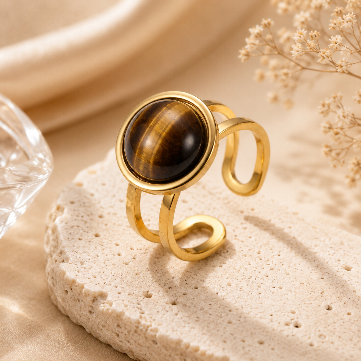 Tiger Eye Real Stone Flexi Size Golden Ring | 18K Real Gold PVD Plated– For Women | Includes: Ring