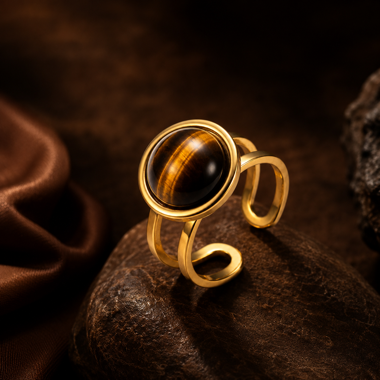 Tiger Eye Real Stone Flexi Size Golden Ring | 18K Real Gold PVD Plated– For Women | Includes: Ring