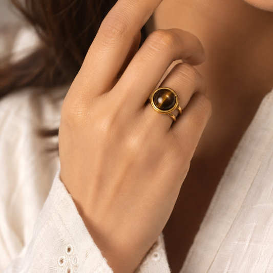 Tiger Eye Real Stone Flexi Size Golden Ring | 18K Real Gold PVD Plated– For Women | Includes: Ring