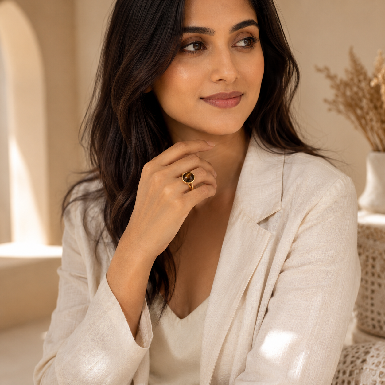 Tiger Eye Real Stone Flexi Size Golden Ring | 18K Real Gold PVD Plated– For Women | Includes: Ring
