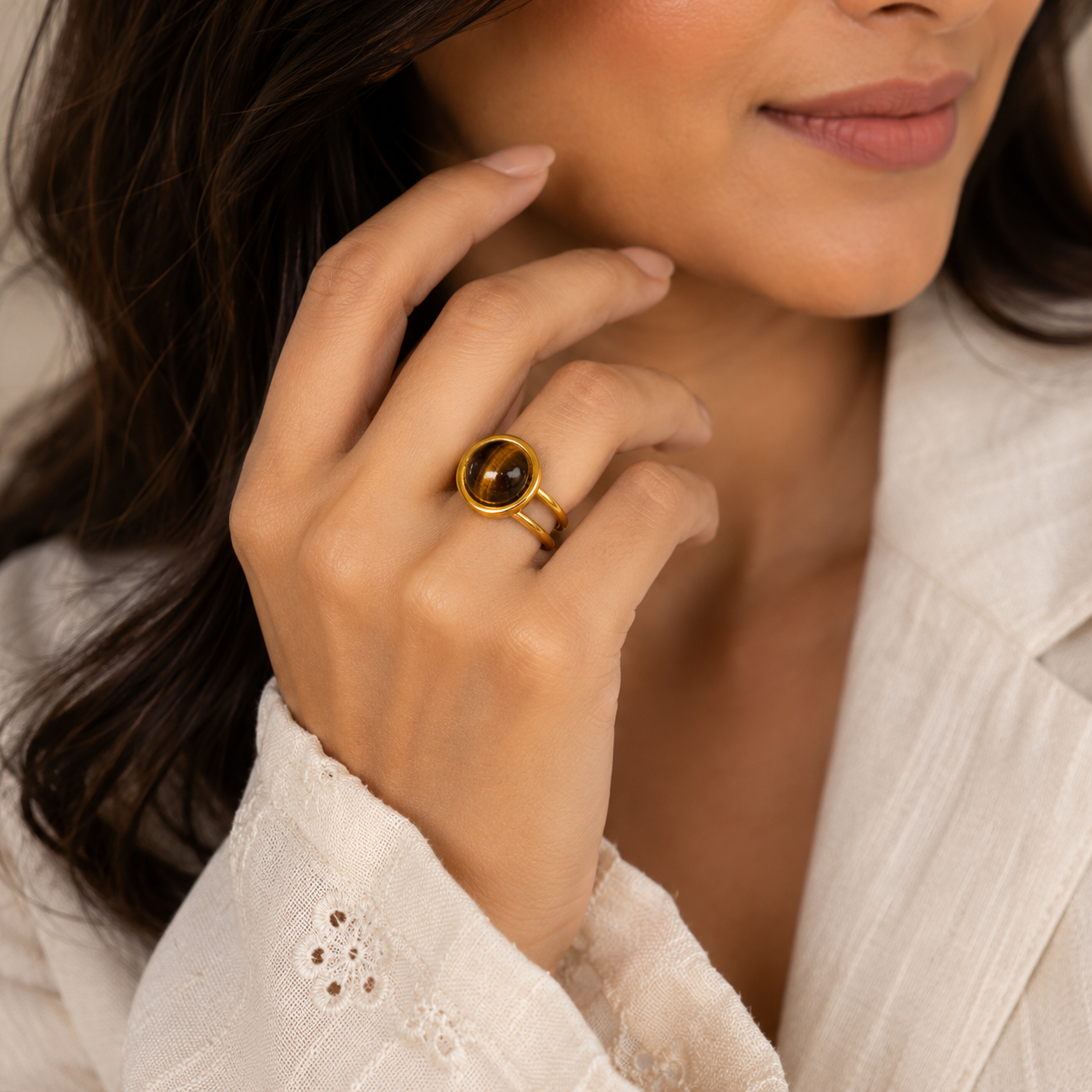 Tiger Eye Real Stone Flexi Size Golden Ring | 18K Real Gold PVD Plated– For Women | Includes: Ring