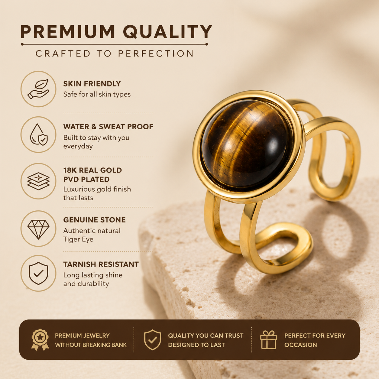 Tiger Eye Real Stone Flexi Size Golden Ring | 18K Real Gold PVD Plated– For Women | Includes: Ring