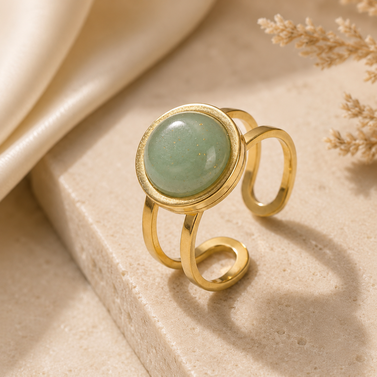 Green Jade Real Stone Flexi Size Goldenn Ring | 18K Real Gold PVD Plated– For Women | Includes: Ring