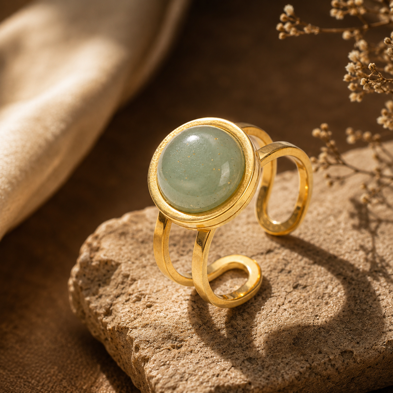 Green Jade Real Stone Flexi Size Goldenn Ring | 18K Real Gold PVD Plated– For Women | Includes: Ring