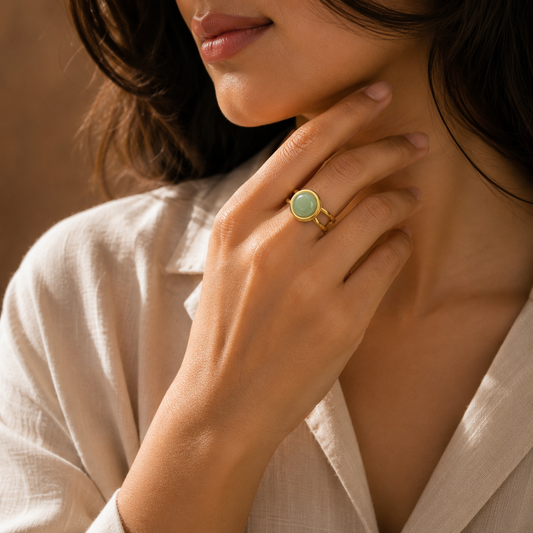 Green Jade Real Stone Flexi Size Goldenn Ring | 18K Real Gold PVD Plated– For Women | Includes: Ring