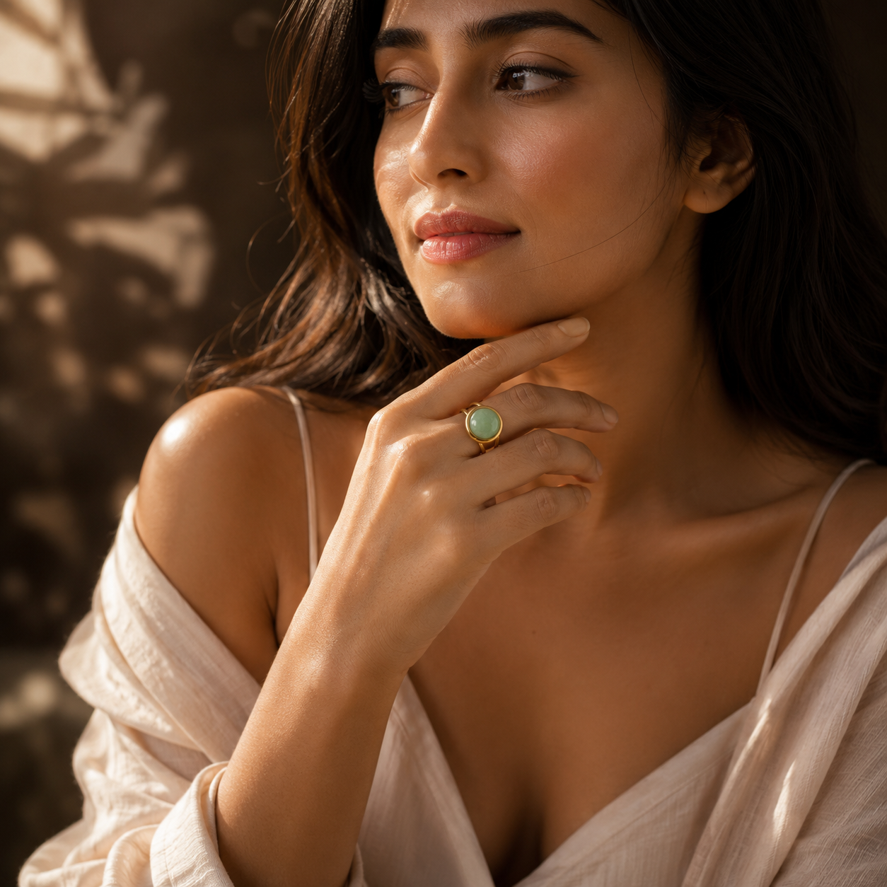 Green Jade Real Stone Flexi Size Goldenn Ring | 18K Real Gold PVD Plated– For Women | Includes: Ring