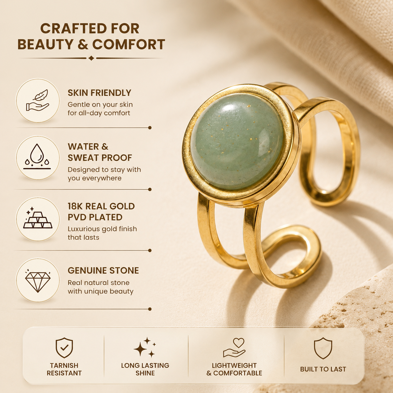 Green Jade Real Stone Flexi Size Goldenn Ring | 18K Real Gold PVD Plated– For Women | Includes: Ring