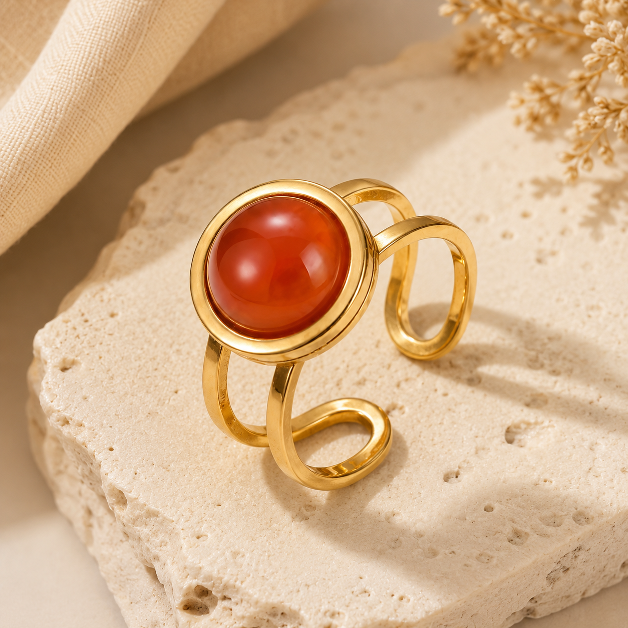 Carnelian Real Stone Flexi Size Golden Ring | 18K Real Gold PVD Plated– For Women | Includes: Ring