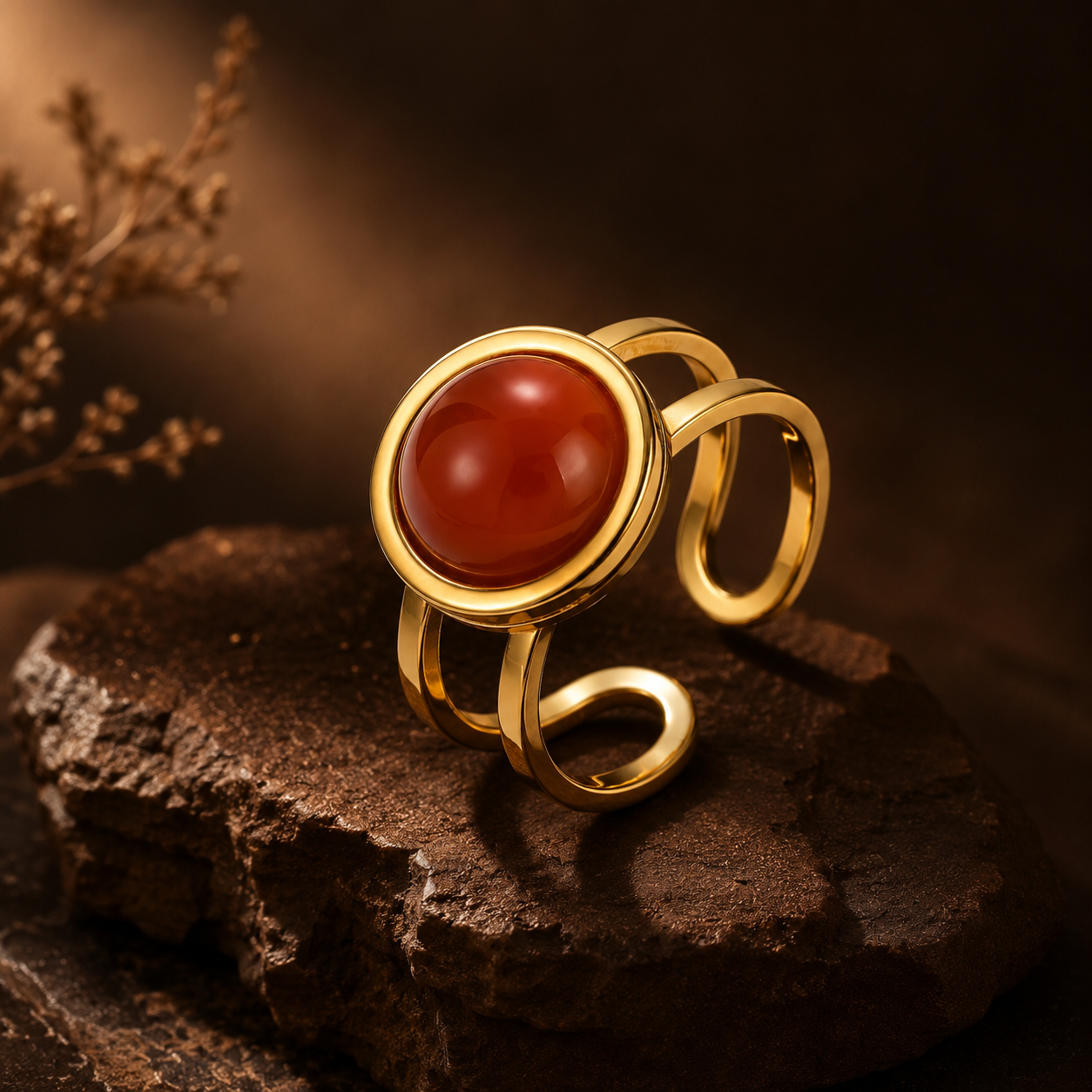 Carnelian Real Stone Flexi Size Golden Ring | 18K Real Gold PVD Plated– For Women | Includes: Ring