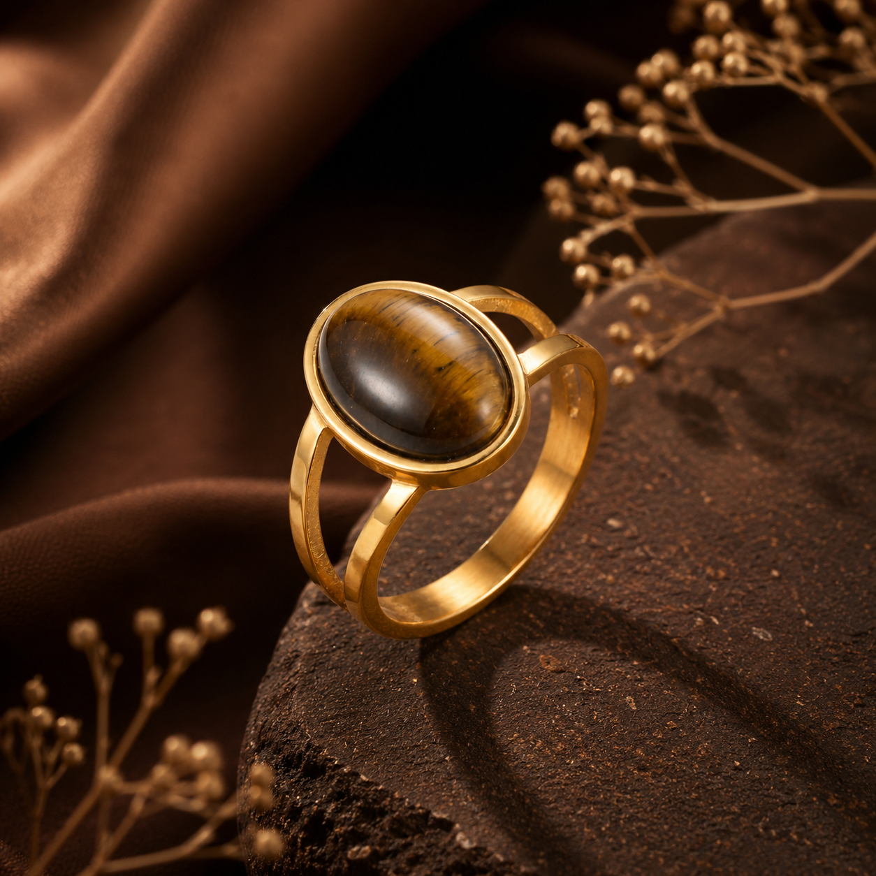 Cat's Eye Stone Golden Dual Band Oval Ring | 18K Real Gold PVD Plated– For Women | Includes: Ring