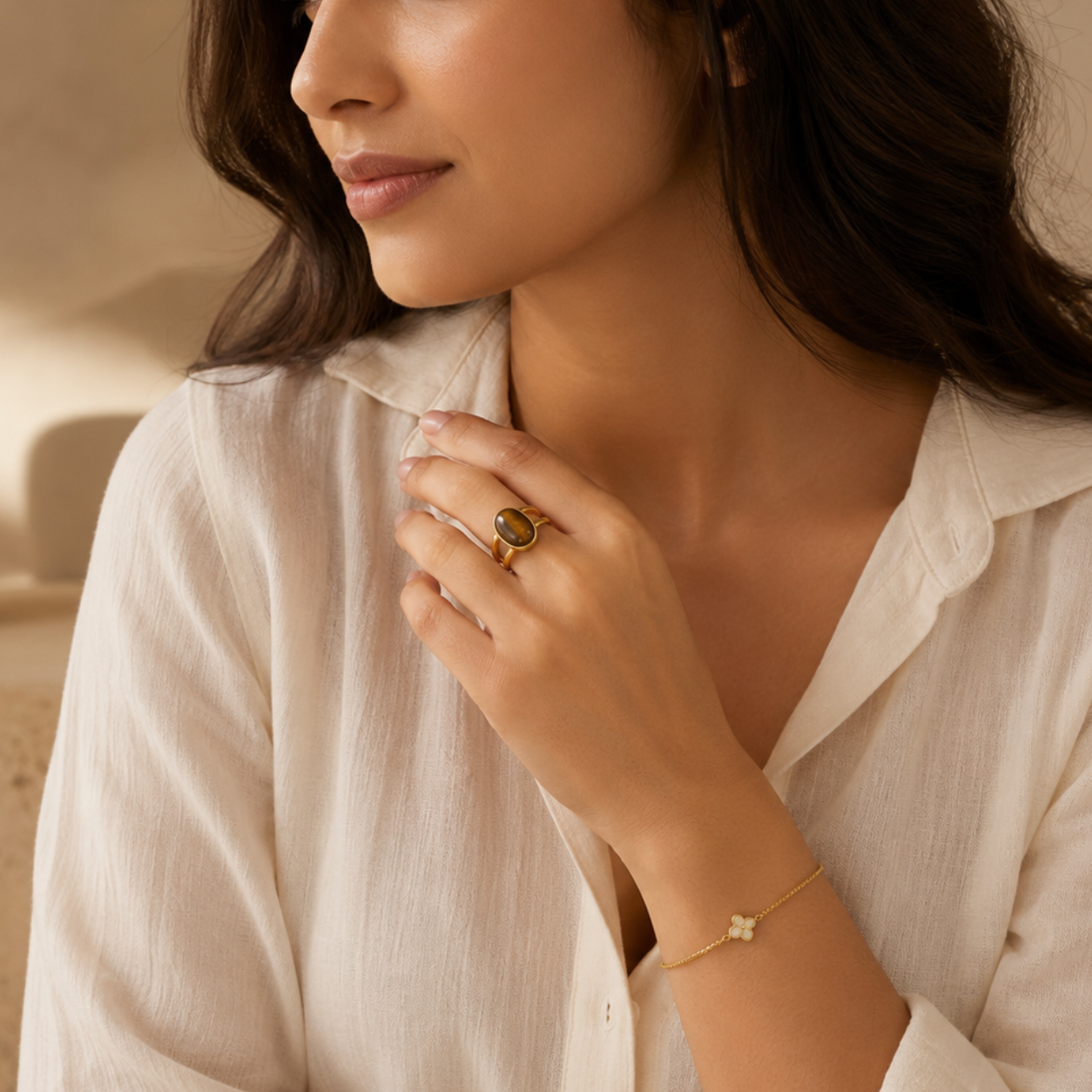 Cat's Eye Stone Golden Dual Band Oval Ring | 18K Real Gold PVD Plated– For Women | Includes: Ring