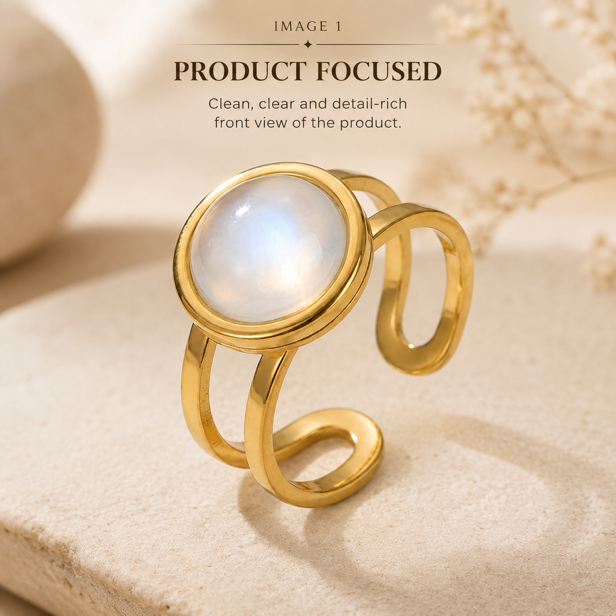 Moon Light Real Stone Flexi Size Golden Ring | 18K Real Gold PVD Plated– For Women | Includes: Ring