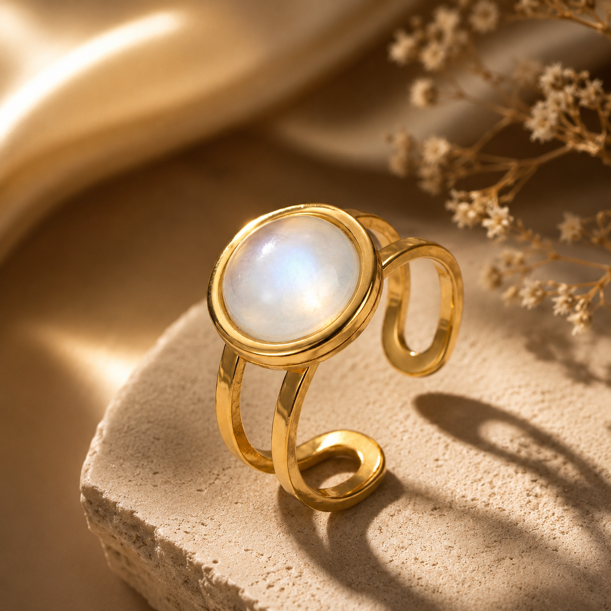 Moon Light Real Stone Flexi Size Golden Ring | 18K Real Gold PVD Plated– For Women | Includes: Ring
