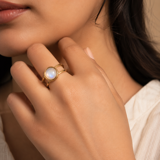 Moon Light Real Stone Flexi Size Golden Ring | 18K Real Gold PVD Plated– For Women | Includes: Ring