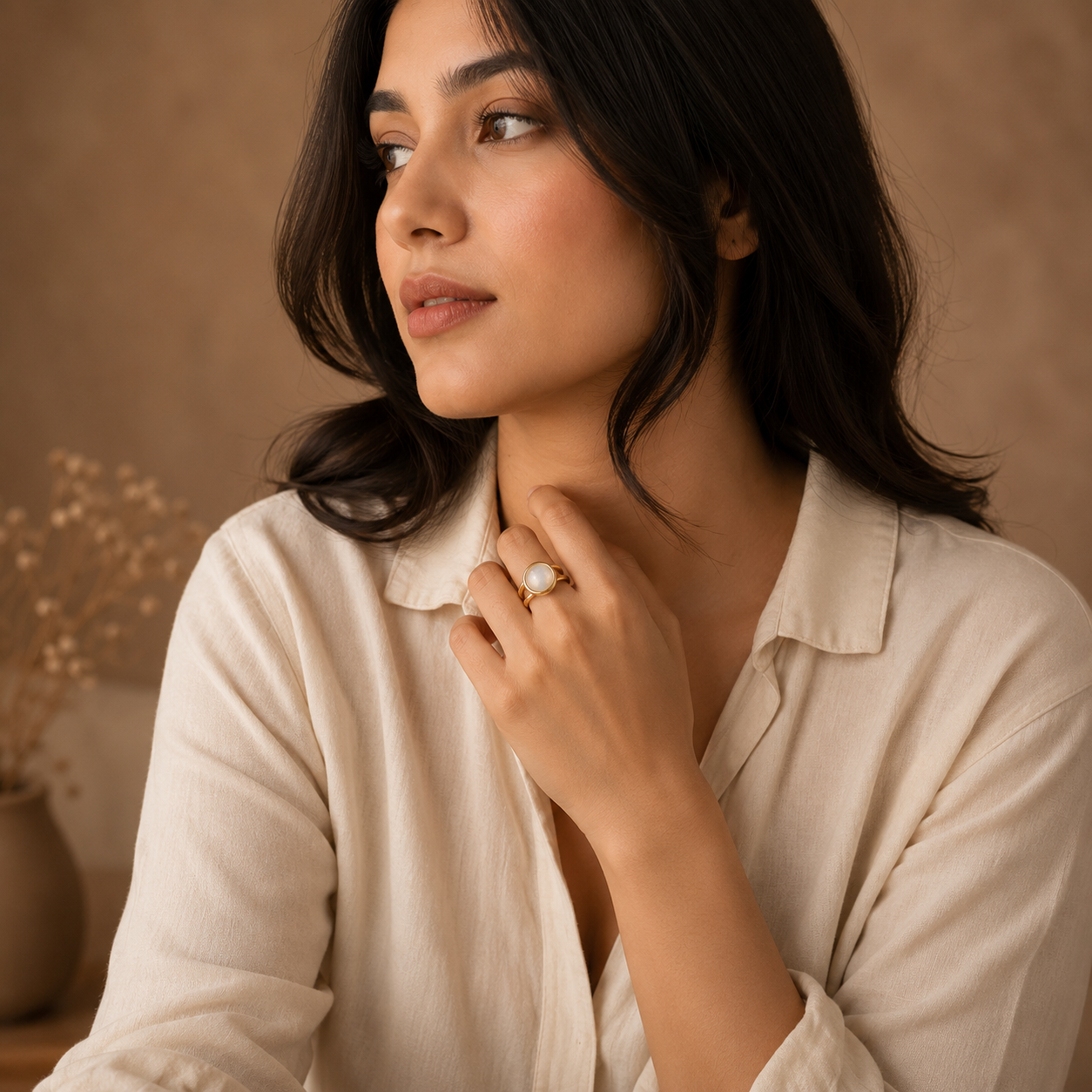 Moon Light Real Stone Flexi Size Golden Ring | 18K Real Gold PVD Plated– For Women | Includes: Ring