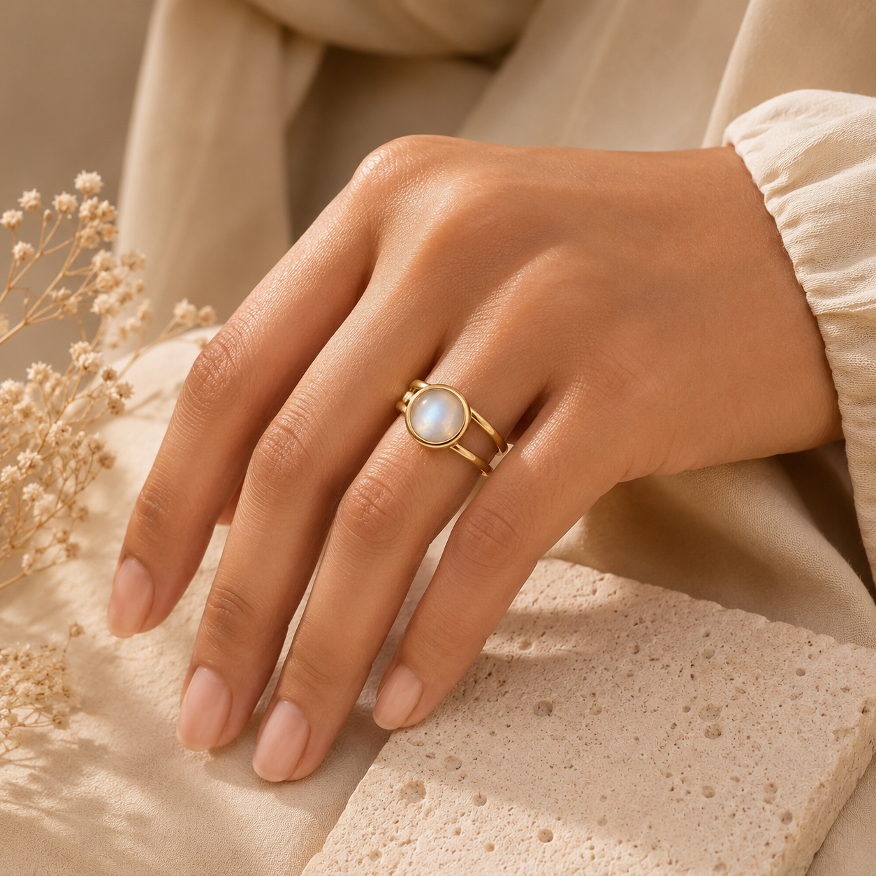 Moon Light Real Stone Flexi Size Golden Ring | 18K Real Gold PVD Plated– For Women | Includes: Ring