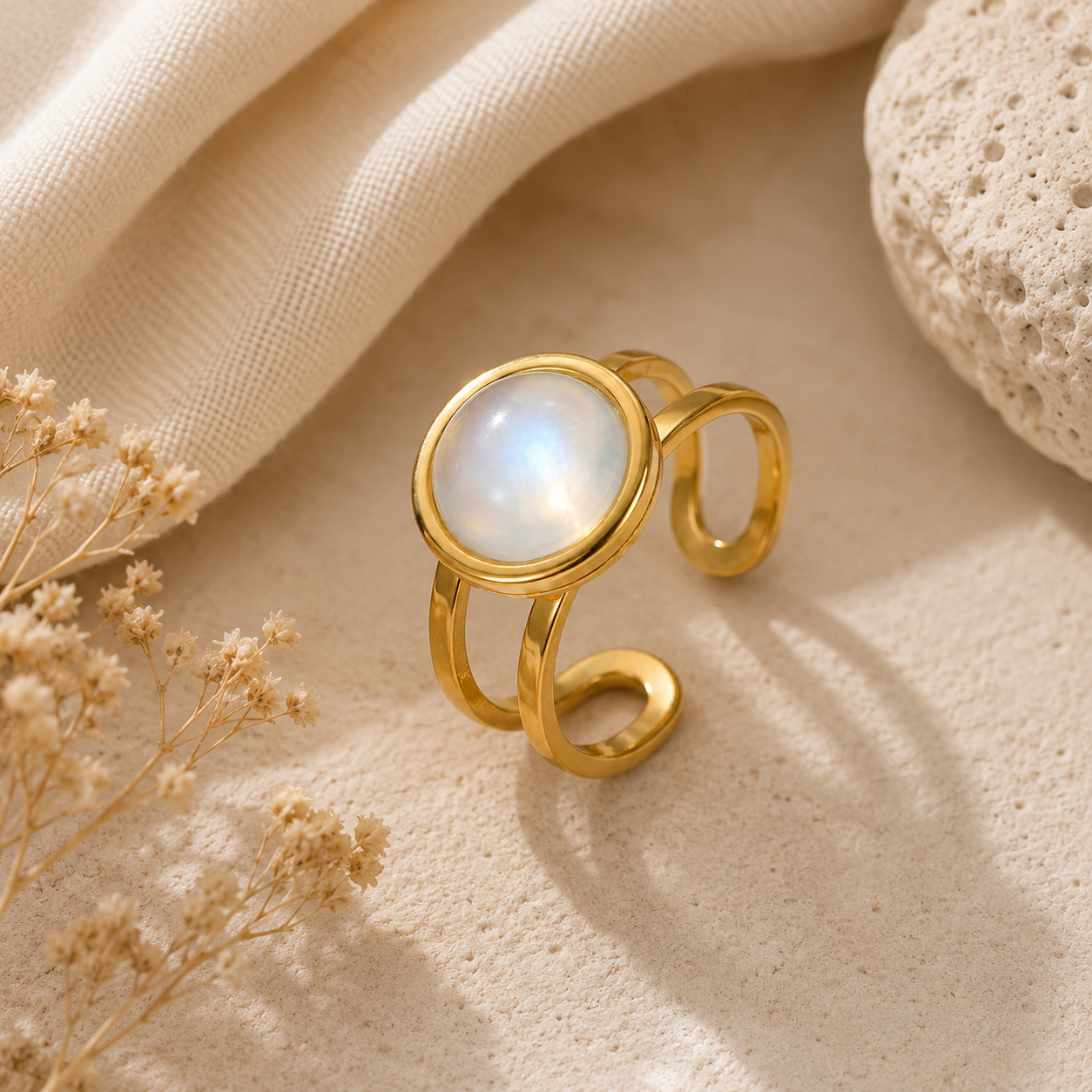 Moon Light Real Stone Flexi Size Golden Ring | 18K Real Gold PVD Plated– For Women | Includes: Ring