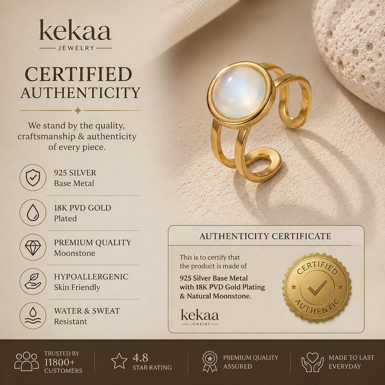 Moon Light Real Stone Flexi Size Golden Ring | 18K Real Gold PVD Plated– For Women | Includes: Ring