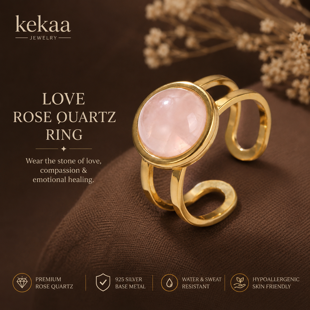 Rose Quartz Real Stone Flexi Size Golden Ring | 18K Real Gold PVD Plated– For Women | Includes: Ring