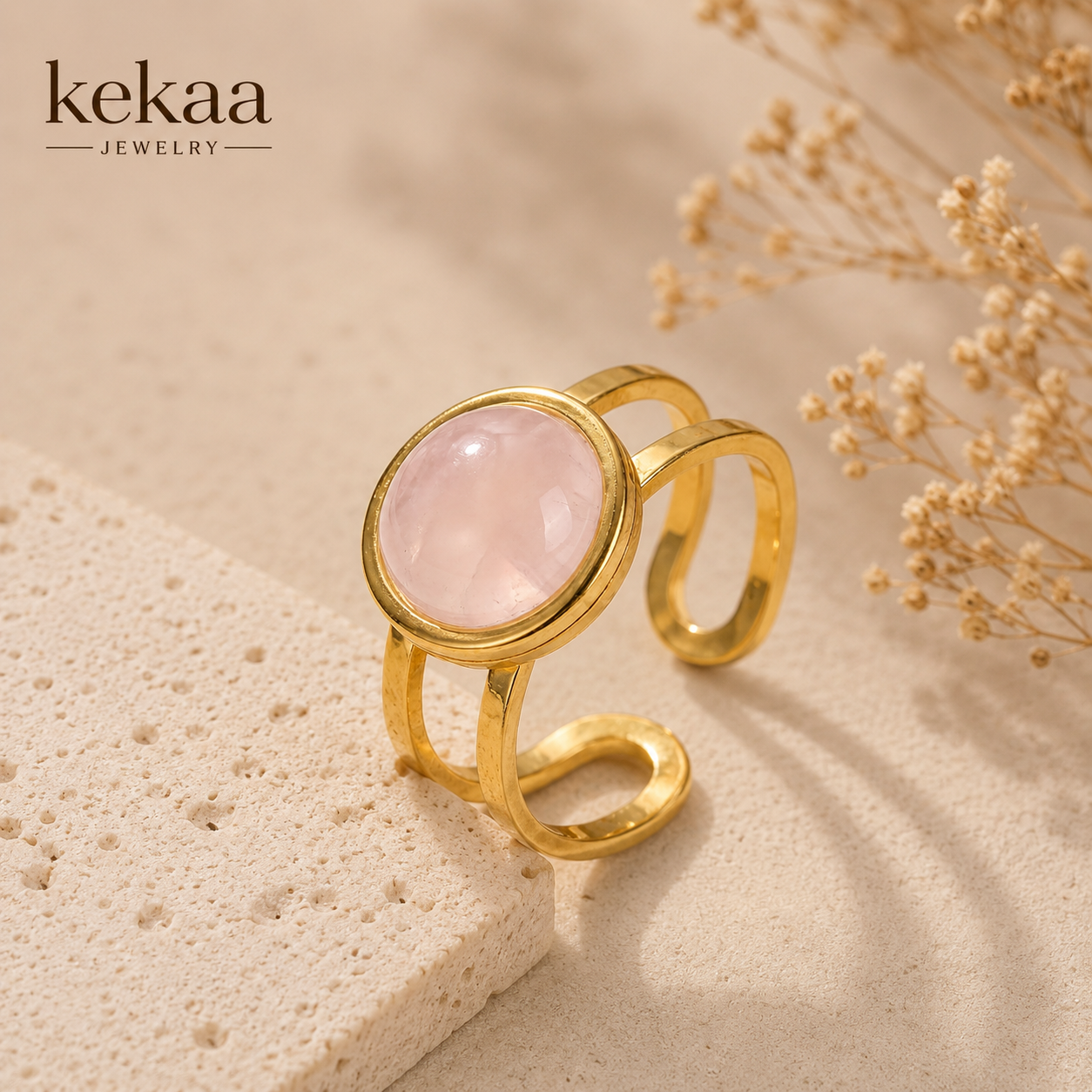 Rose Quartz Real Stone Flexi Size Golden Ring | 18K Real Gold PVD Plated– For Women | Includes: Ring