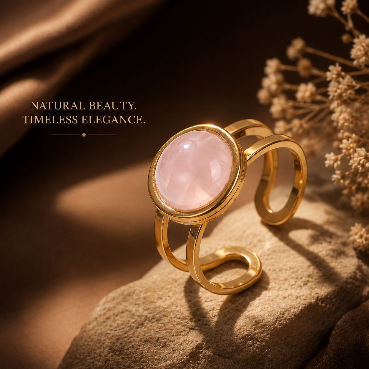 Rose Quartz Real Stone Flexi Size Golden Ring | 18K Real Gold PVD Plated– For Women | Includes: Ring