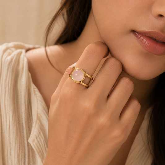 Rose Quartz Real Stone Flexi Size Golden Ring | 18K Real Gold PVD Plated– For Women | Includes: Ring