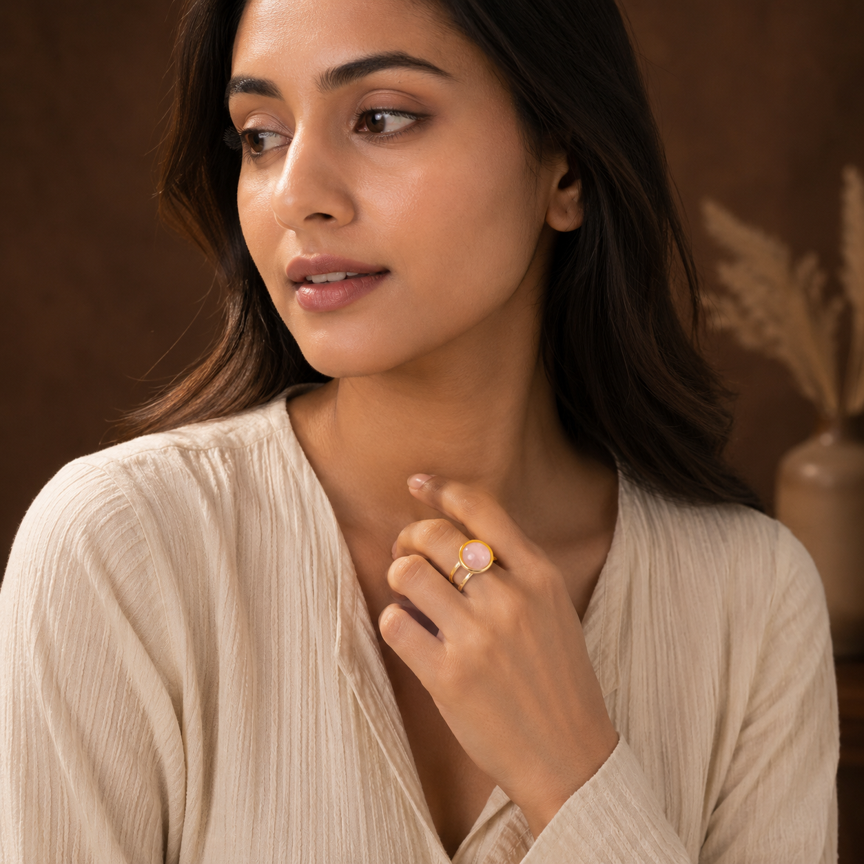 Rose Quartz Real Stone Flexi Size Golden Ring | 18K Real Gold PVD Plated– For Women | Includes: Ring