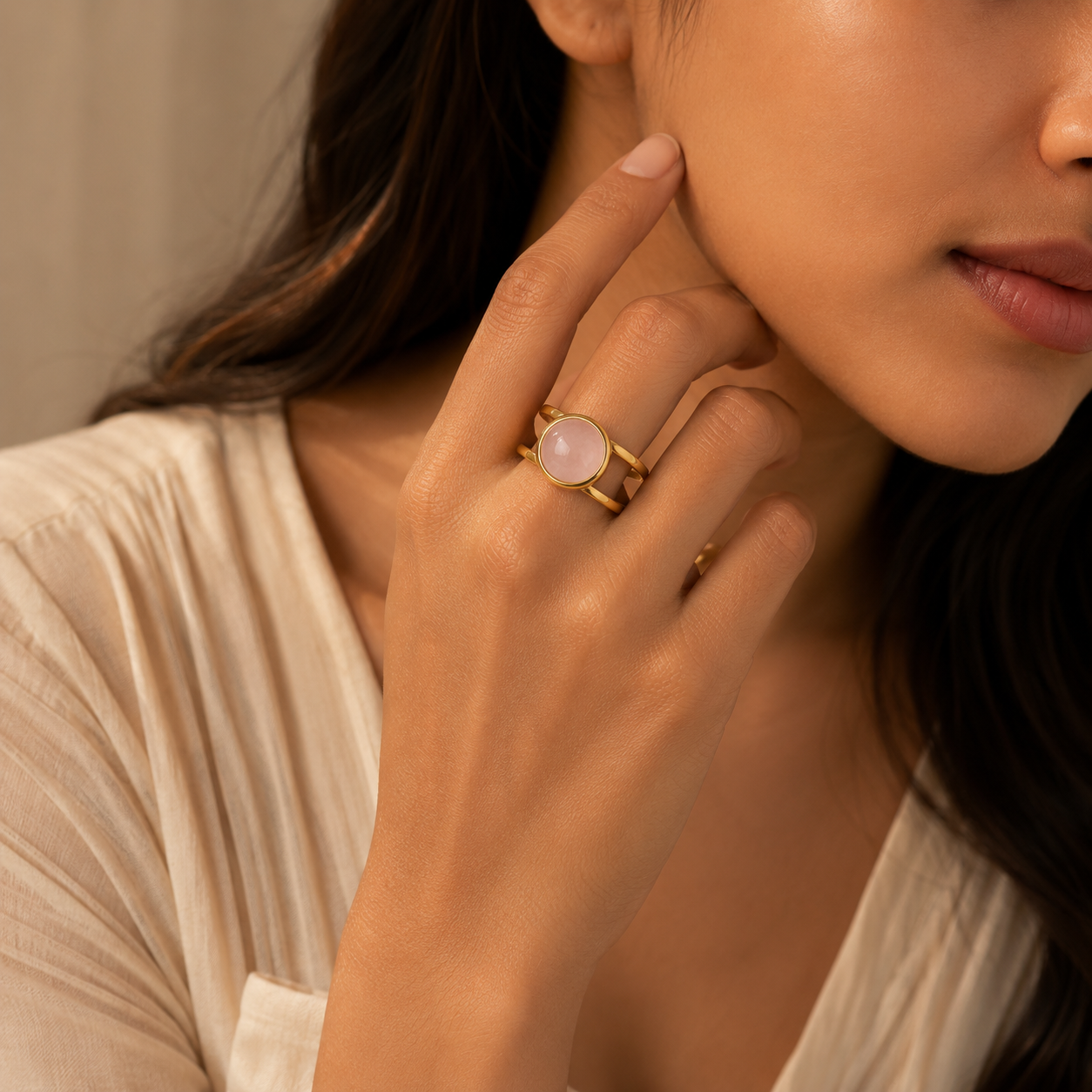 Rose Quartz Real Stone Flexi Size Golden Ring | 18K Real Gold PVD Plated– For Women | Includes: Ring