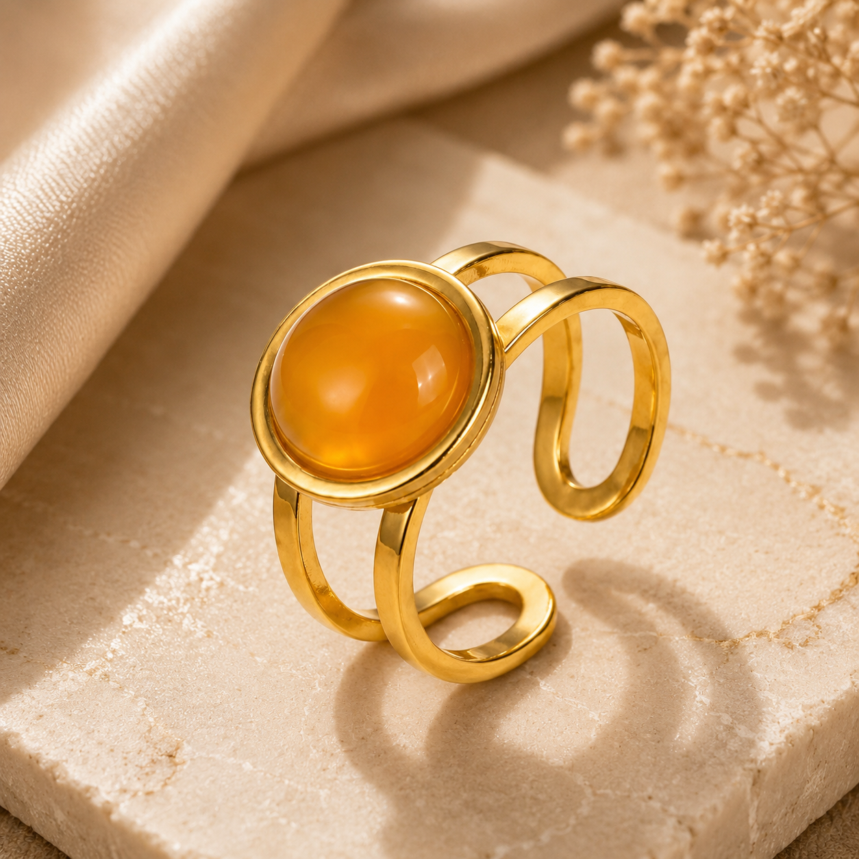 Yellow Quartz Real Stone Flexi Size Golden Ring | 18K Real Gold PVD Plated– For Women | Includes: Ring