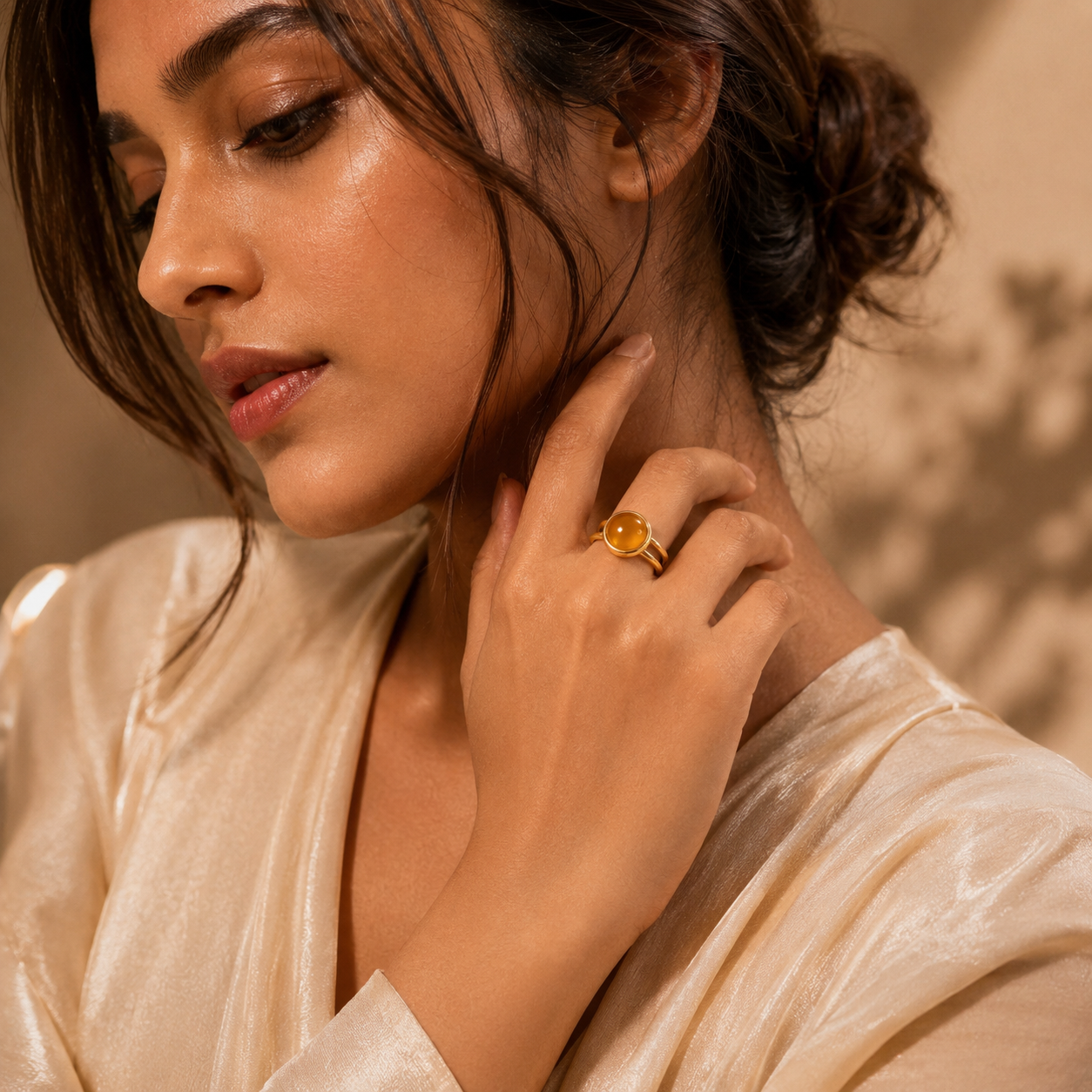 Yellow Quartz Real Stone Flexi Size Golden Ring | 18K Real Gold PVD Plated– For Women | Includes: Ring